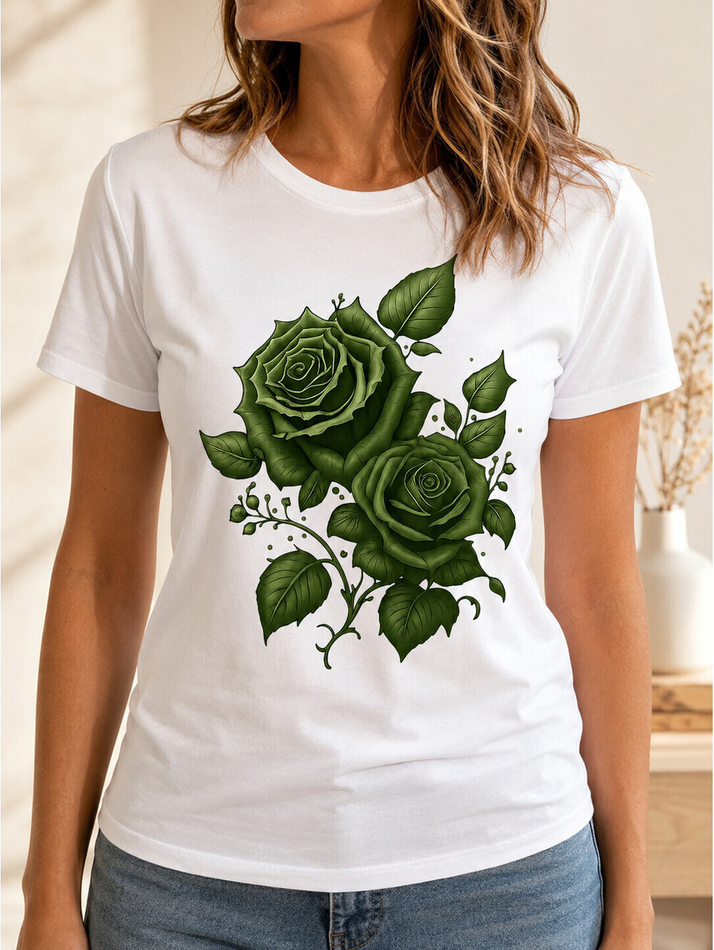 Green Rose Graphic T-Shirt, Gothic Botanical Floral Unisex Tee